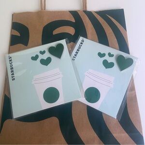 Lot of 2 Starbucks Green Heart Pins & Thank You Cards